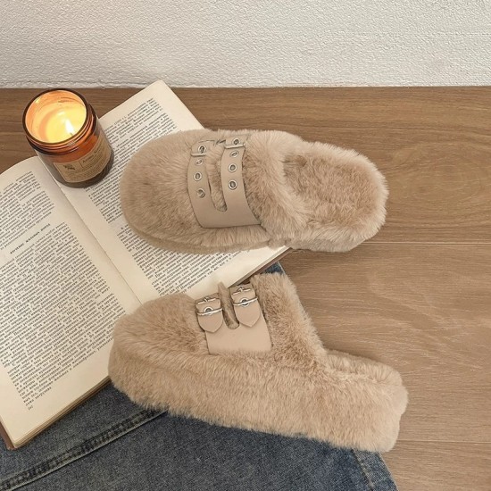 Cozy Brown Fur Slippers for Women with Double Buckle Straps image