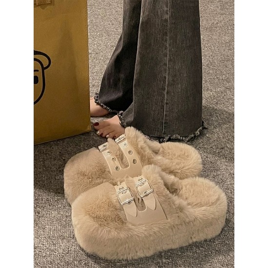 Cozy Brown Fur Slippers for Women with Double Buckle Straps image