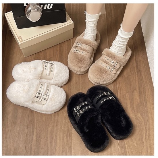 Cozy Brown Fur Slippers for Women with Double Buckle Straps image