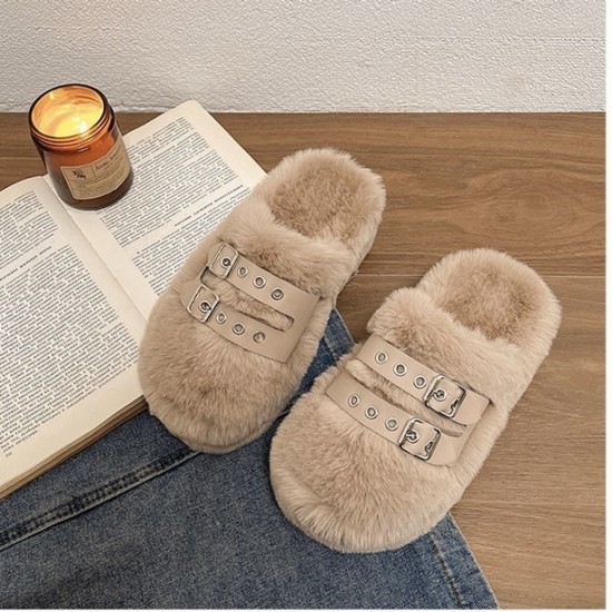 Cozy Brown Fur Slippers for Women with Double Buckle Straps image
