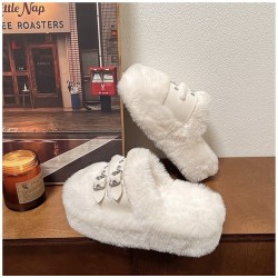 Cozy Cream Fur Slippers for Women with Double Buckle Straps