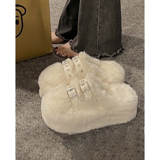 Cozy Cream Fur Slippers for Women with Double Buckle Straps image