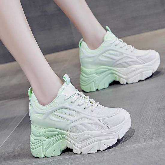 White and Mint Green Chunky Sneakers for Women – Trendy Platform Sports Shoes image