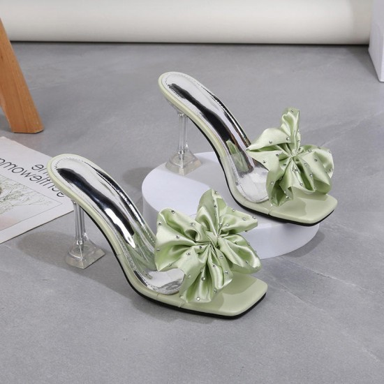 Light Green Satin Bow High Heel Sandals for Women – Elegant Transparent Stiletto image