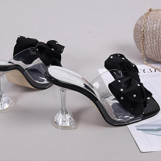 Black Satin Bow High Heel Sandals for Women – Elegant Transparent Stiletto image
