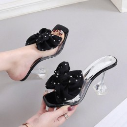 Black Satin Bow High Heel Sandals for Women – Elegant Transparent Stiletto