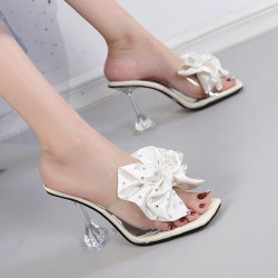 Cream Satin Bow High Heel Sandals for Women – Elegant Transparent Stiletto