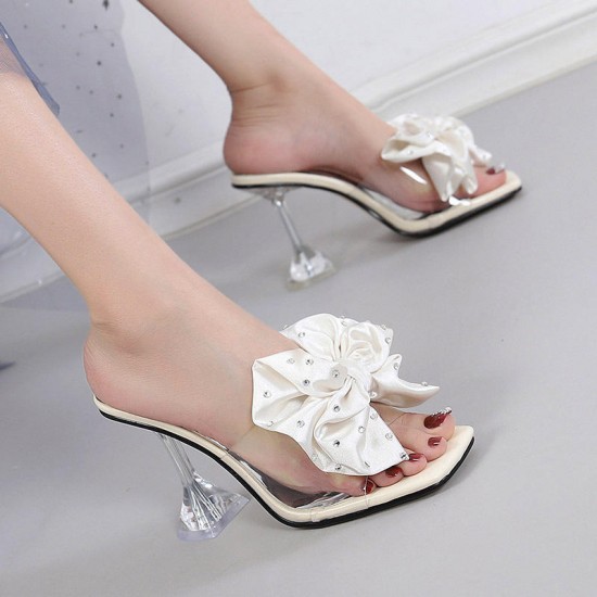 Cream Satin Bow High Heel Sandals for Women – Elegant Transparent Stiletto image