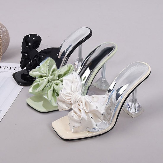 Cream Satin Bow High Heel Sandals for Women – Elegant Transparent Stiletto image