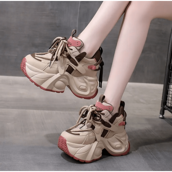 Beige and Pink Chunky Sneakers for Women – Trendy Platform Sports Shoes image