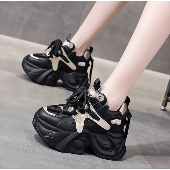 Black and Gold Chunky Sneakers for Women – Trendy Platform Sports Shoes image
