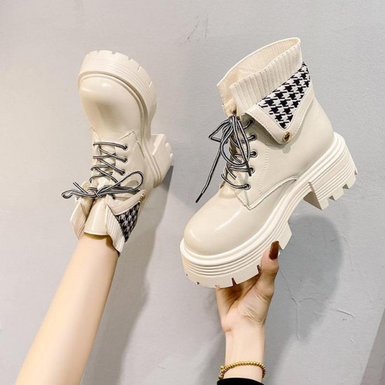 Women’s White Chunky Ankle Boots with Houndstooth Knit image