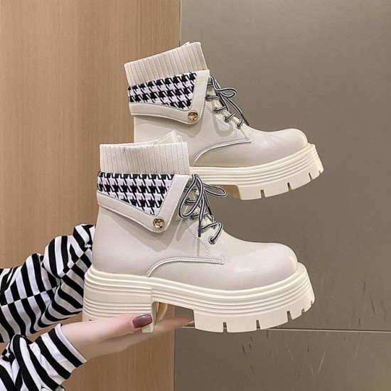 Women’s White Chunky Ankle Boots with Houndstooth Knit image