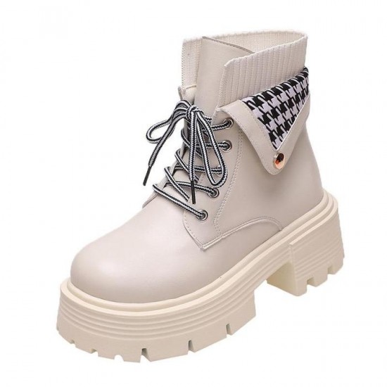 Women’s White Chunky Ankle Boots with Houndstooth Knit image