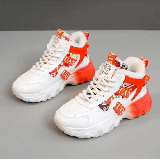 Chunky Lace-Up Sneakers for Women – White & Red-Orange Casual Shoes image