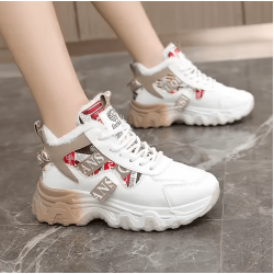 Chunky Lace-Up Sneakers for Women – White & Beige Printed Casual Shoes