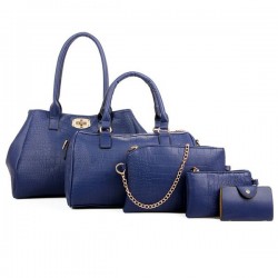 Blue Color Five Piece Crocodile Pattern Women Fashion Handbag Set