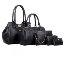 Black Color Five Piece Crocodile Pattern Women Fashion Handbag Set