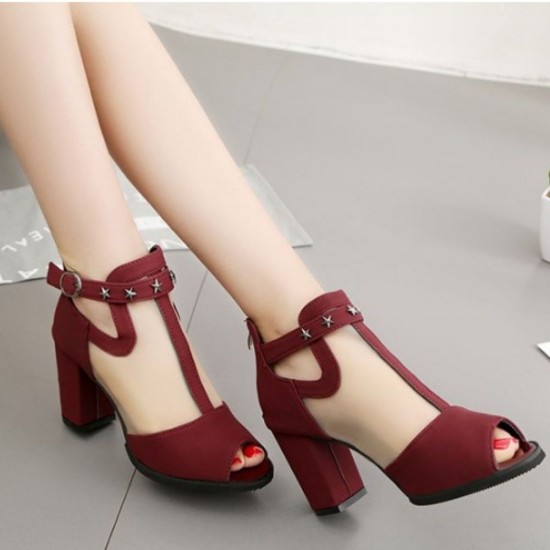 Elegant Wine-Red Mesh Heels with Celestial Charms image