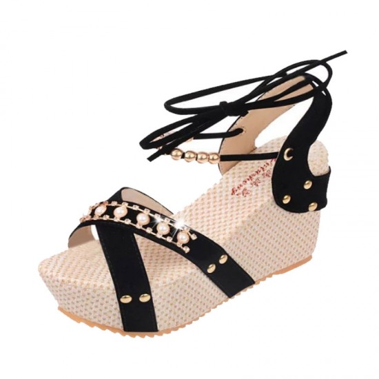 Stylish Black and Beige Wedges with Distinctive Pearl Embellishments image