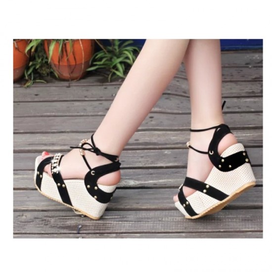 Stylish Black and Beige Wedges with Distinctive Pearl Embellishments image