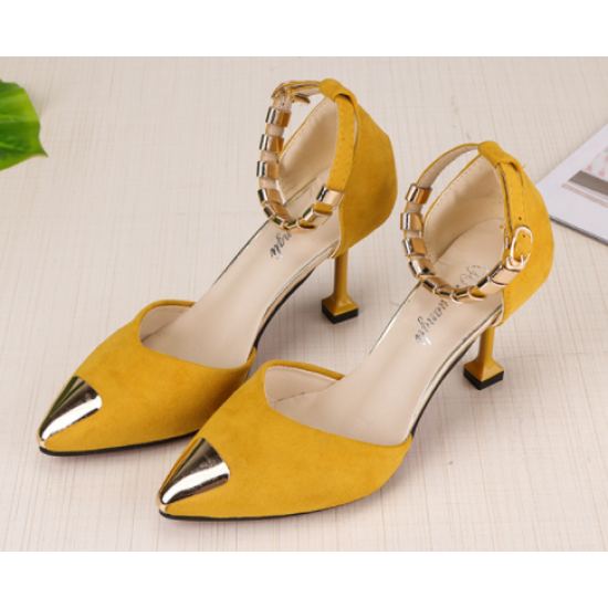 Pointed Hollow Word Buckle Yellow Heels Sandals