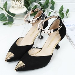 Pointed Hollow Word Buckle Black Heels Sandals