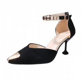 Pointed Hollow Word Buckle Black Heels Sandals