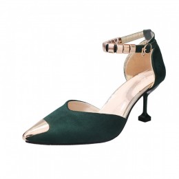 Pointed Hollow Word Buckle Green Heels Sandals