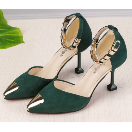 Pointed Hollow Word Buckle Green Heels Sandals