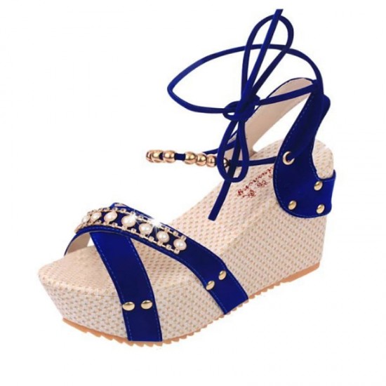 Stylish Blue and Beige Wedges with Distinctive Pearl Embellishments image