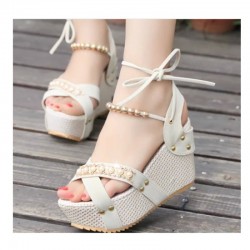 Stylish Cream and Beige Wedges with Distinctive Pearl Embellishments