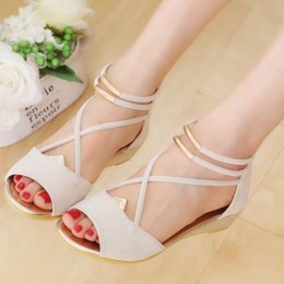 Elegant Strappy Cream Wedge Sandals with Golden Accents