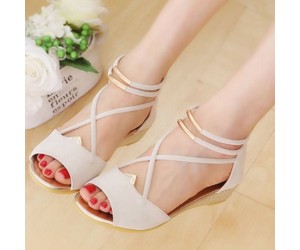 Elegant Strappy Cream Wedge Sandals with Golden Accents