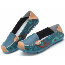 Blue Artisanal Hand Painted Floral Leather Loafers for Casual Elegance