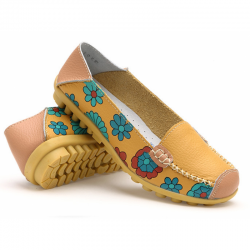 Yellow Artisanal Hand Painted Floral Leather Loafers for Casual Elegance
