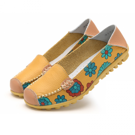 Yellow Artisanal Hand Painted Floral Leather Loafers for Casual Elegance image